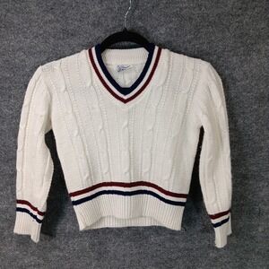Vintage Pickwick Cable Knit Cricket Sweater Cream V Neck Striped Womens 8